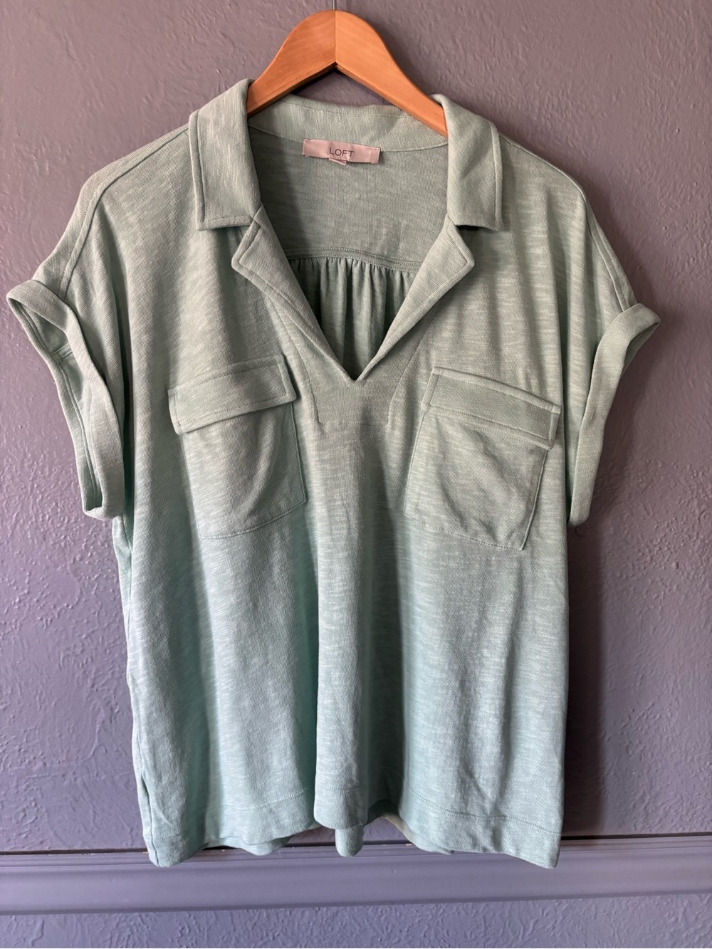 LOFT Mint Green Collared Split Neck Pocket Tee XL